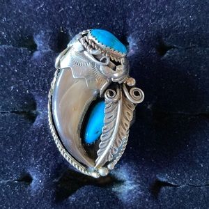 Bear Claw Turquoise Silver Ring Native American